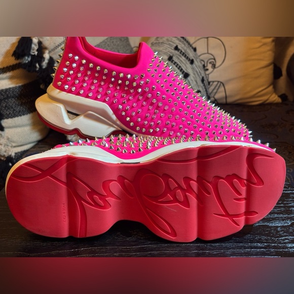 NWOB - Christian Louboutin Neon Pink Studded Sneakers - Picture 6 of 10
